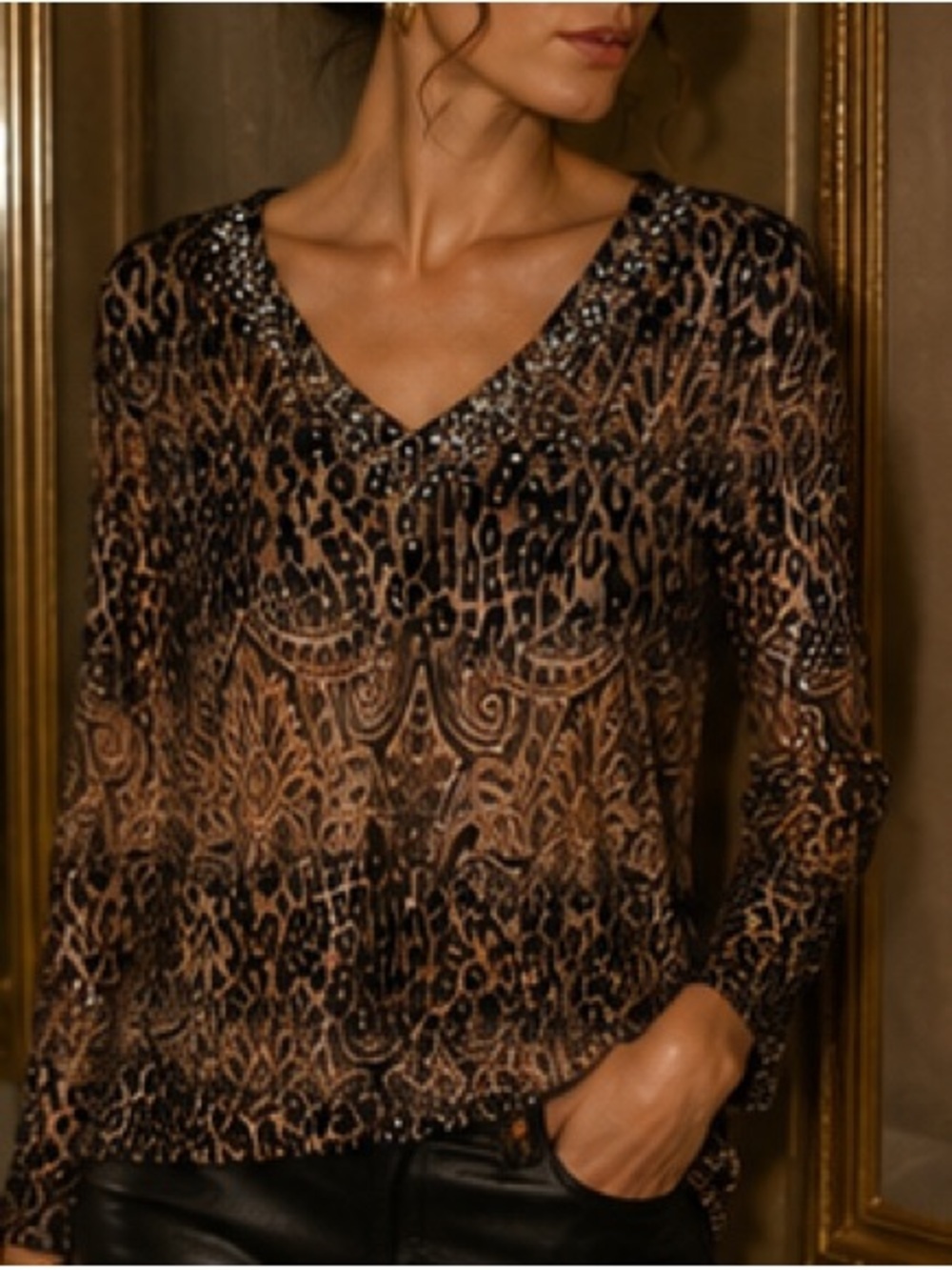 Damee Inc embellished knit top animal print 3/4 sleeves Size xl - Picture 9 of 10